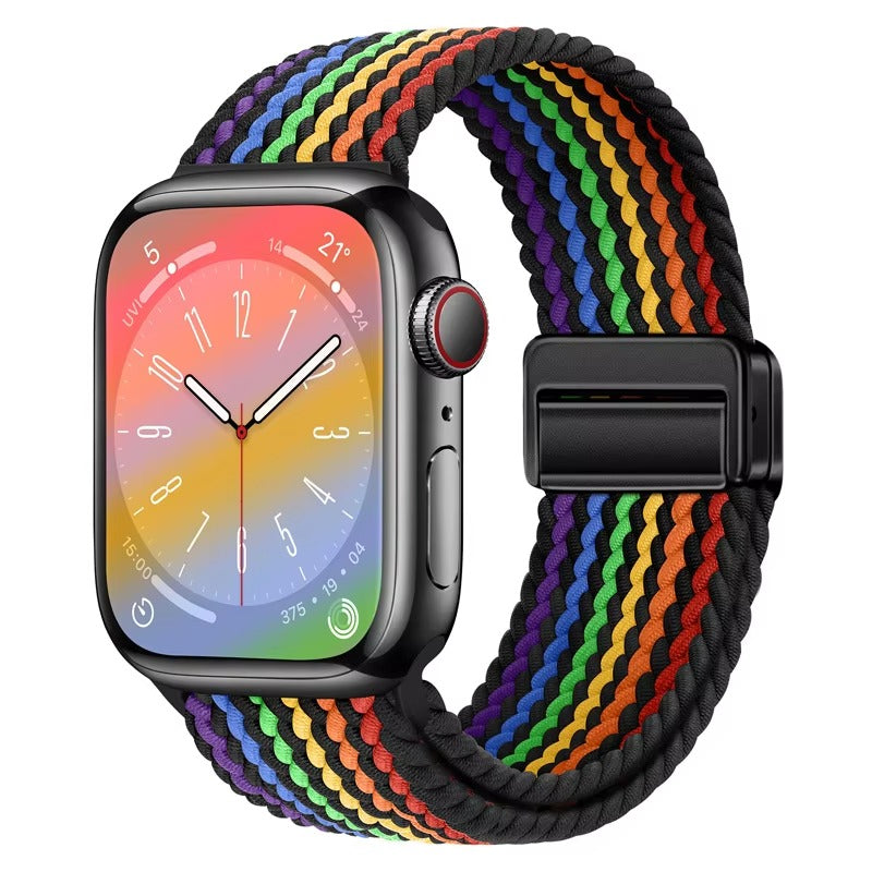 Curea Nylon pentru Apple Watch SE3/SE2/SE/11/10/9/8/7/6/5/4/3/2/1 display 42/44/45/46/49mm black rainbow